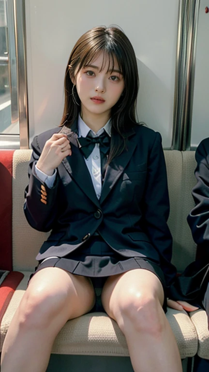 ( masterpiece,  top quality, 8k,  RAW Photo,  beautifully、 beautiful:1.2),  intricate detail on the edge of the garment,  Indirect Lighting,  by Nomi, whole body,   is sitting on a train chair、  business jacket 、 tight skirt、stare at the audience 、smile、 h...