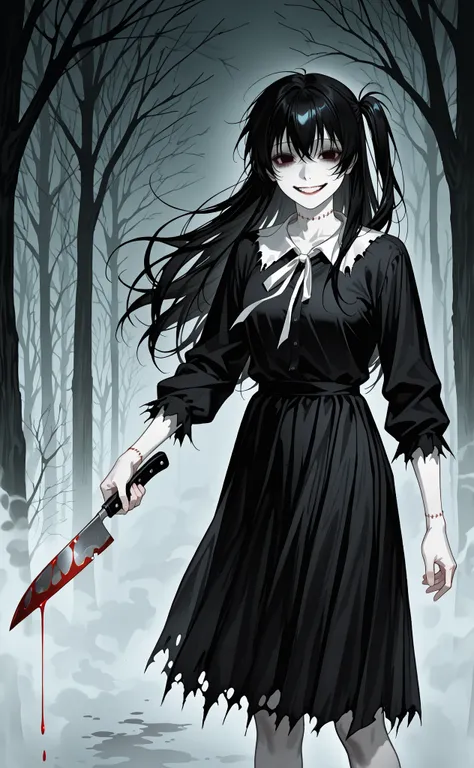 Dark Forest Neutral Girl,  Horror Theme , The atmosphere is scary., There is thick fog., Put on a few pieces of clothing,  holding a blood-stained knife ,  Black Long Hair, I closed one side., There are stitches along the body.,  pale white skin ,  smiling...