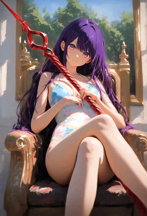 1 girl, Ai Hoshino, oshi no ko, sensible, Alone , purple hair,  swimsuit ,  sitting on the throne,  with crossed legs ,  head tilt,  holding a weapon ,  Longinus Lance  \( Evangelion\),  cowboy shot ,  depth of field ,  fake traditional media,  picturesque...