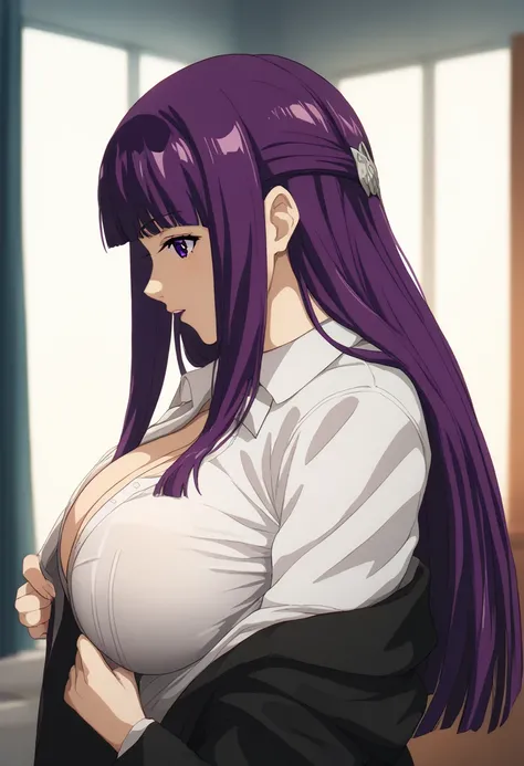 score_9, score_8_up, score_7_up,  long hair, bangs, purple eyes, purple hair, sidelocks, blunt bangs, large breasts, undressing, White shirt, 