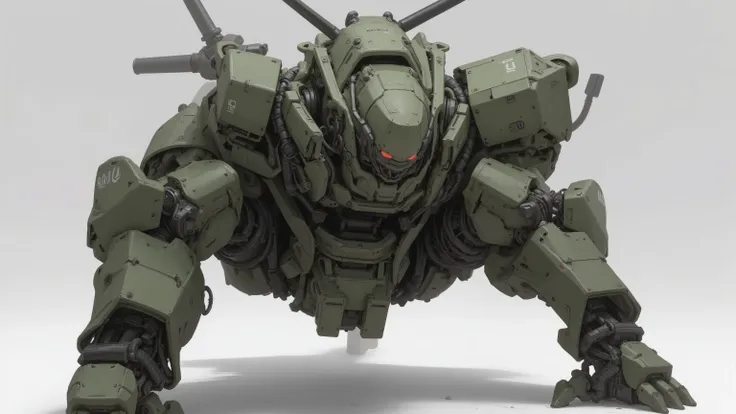 ８ｋ,  feels just like the real thing  、 Super Realism 、 realistic pictures、 moss green combat armored robot、straight line, Rugged design、Unit paint and identification number 、 dynamic pose、Slender Gundam type robot 、Put your shoulders and elbows on the grou...