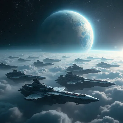 new beautiful alien planet in space 4k realistic many cargo space ships lining up beautiful stars light aura