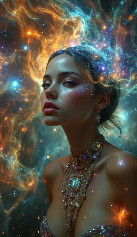 A powerful and otherworldly portrait of a cosmic, celestial woman. She’s depicted with skin that shimmers like stardust, her hair flowing like nebulae, set against a backdrop of galaxies and swirling cosmic gases. She wears intricate, otherworldly jewelry ...