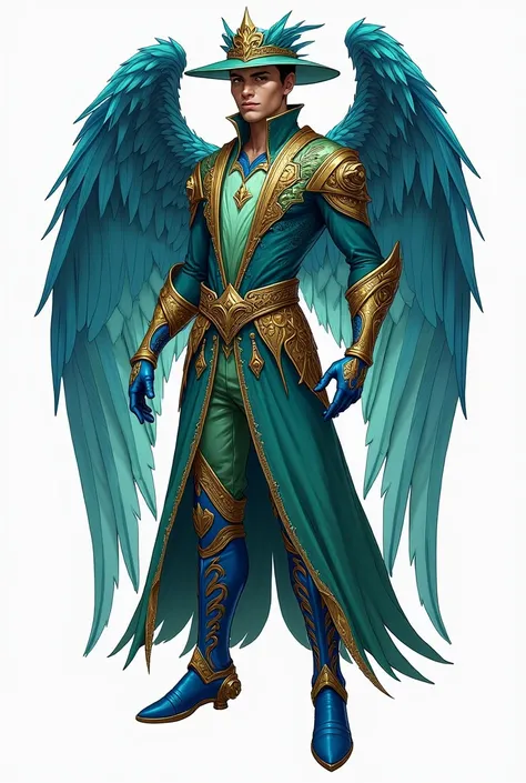  Here is the hummingbird-inspired male costume for the character of Saint John.  It features vibrant shades of blue and emerald green ,  gold and silver details ,  in addition to lush wings and an ornate hat . If you want adjustments or more elements , jus...