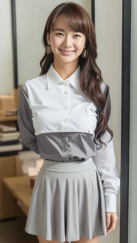 (( top quality, 8k,  masterpiece,  portraits: 1.3)), (  Watch viewers), (close:0.85),   attractive mature woman with only a young face, A little thick:0.25,( Big Breasts and Big Hips :1.3),  kind smile、 beholder's captivating gaze 、 Empty office、 semi-long...