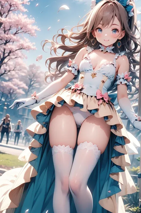 A beautiful girl in a magical girl dress costume jumping for joy, anime girl, 1 girl, beautiful girl, (20 years old girl), (growing up), HD transparent background, outdoors, cherry blossoms, starry sky, long wavy hair, dark brown hair, ponytail, red hair b...