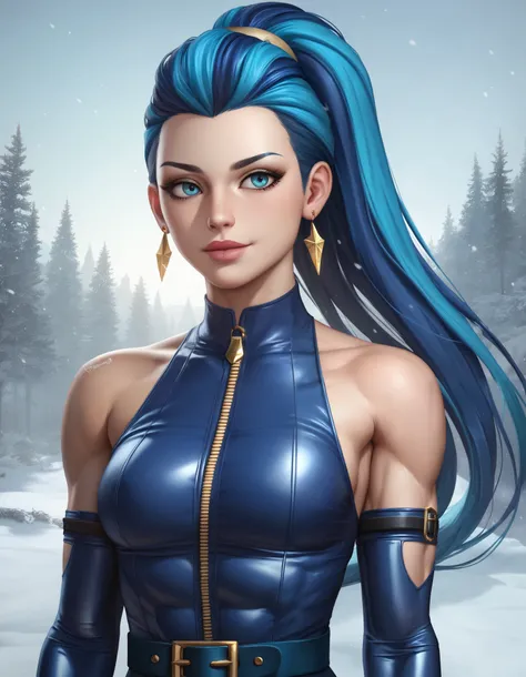 female indigo sleeveless latex bodysuit, indigo belt, racerback, bare shoulders, long gloves, indigo gloves, toned arms, beautiful faces, blue ponytail with showing forehead, long ponytail, earrings, soft smooth skin, pale skin, winter background, blue eye...