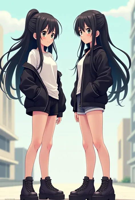 animation female character, 2girls, black long hair, black eyes, full body, standing, bare legs, white t-shirts, black jacket, black short pants, platform shoes