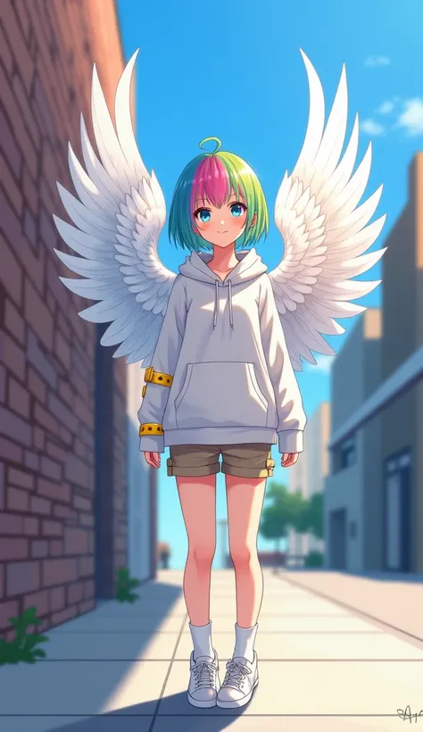  Masterpiece,  top quality,  high res,  very detailed,(((Pretty girl with rainbow hair))), ((( Japanese anime))), ((( short hair))), ((( white hoodie))), (((cute girl with pink hair in khaki shorts ))), ((( yellow misanga on one wrist ))), ((( white high s...