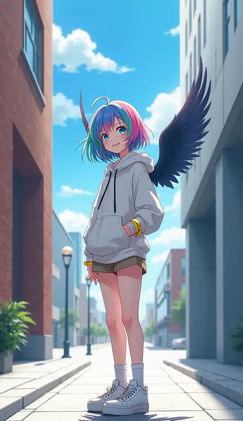  Masterpiece,  top quality,  high res,  very detailed,(((Pretty girl with rainbow hair))), ((( Japanese anime))), ((( short hair))), ((( white hoodie))), (((cute girl with pink hair in khaki shorts ))), ((( yellow misanga on one wrist ))), ((( white high s...