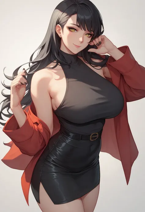 (best quality: 0.85), anime style, 1 girl, solo, looking at viewer, mature woman, long black hair, straight bangs down, yellow eyes, black shirt with a clevage, (red overcoat), black skirt, black nails, black eyeliner, beautiful, in the background, sexy wo...