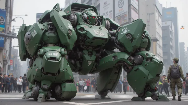 ８ｋ,  feels just like the real thing  、 Super Realism 、 realistic pictures、 moss green combat armored robot、straight line, Rugged design、Unit paint and identification number 、 dynamic pose、Slender Gundam type robot 、profile、 upper body、Tokyo cityscape、