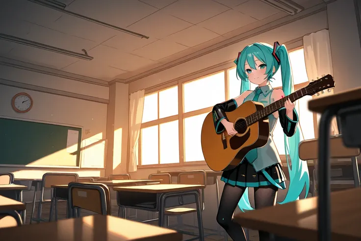 Hatsune Miku playing acoustic guitar in an abandoned classroom