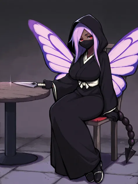 very dark environment, large purple butterfly wings, sitting down on chair, table, black cloak, hood up, dark skin, long black kimono dress, 1girl, dark room, holding dagger, big breasts, long kimono skirt, dark prison, large black scorpion tail, short pur...