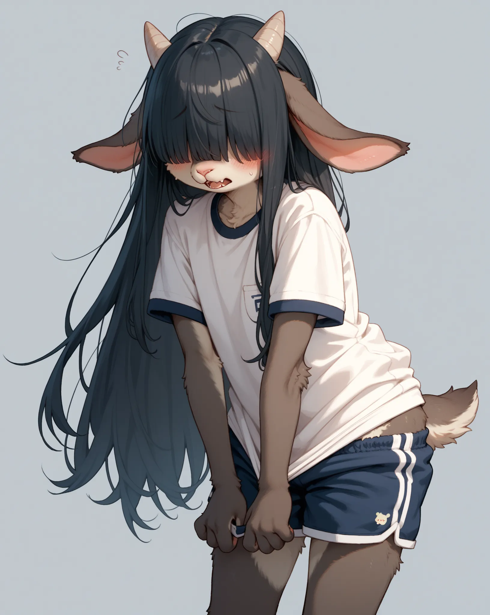 school girl , furry female goat , petit , geek , Introvert , long hair , bangs , hair over eyes , baggy sloppy school gym uniform , bold action , gym shorts pull , bend over , shy