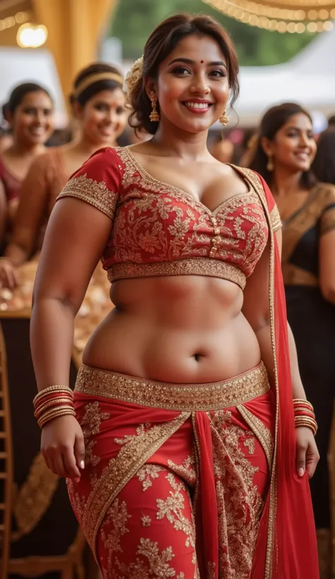 Artgerm, Indian MILF (((masterpiece, best quality))), A beautiful 40y old Indian Curvy Bride Lavanya with dark hair, midriff, ((Wide Navel)) perfect belly, perfect curves, red and golden choli, crop top, low-rise lehenga, with glitter, perfect face, oil pa...