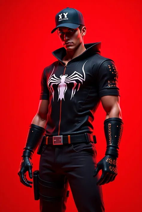 Free Fire style male character front cap with short sleeve blouse with gloves with the name 'Venom·' red background 