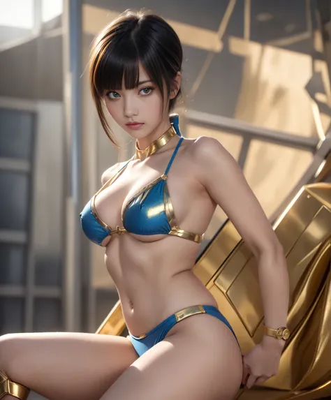  masterpiece、 high res、 beautiful women、 looking at camera、  straight hair 、 Slanted Eyes 、 red eyeshadow 、 glossy lips、 chubby、 big breasted、 smooth skin、Japanese goddesses、 beautiful women、 eye pouch 、( Watch viewers:1.4)、(Blue and gold bikini armor:1.3)...