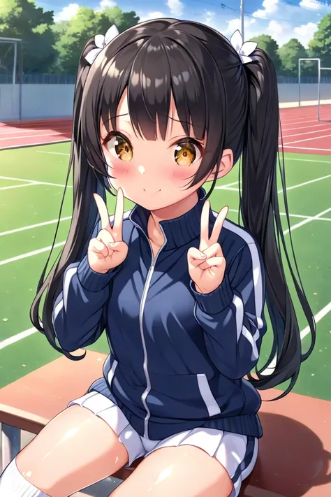 cute, , girl, 1st grade junior high school student, black hair, Twin tails, school track suits, white high socks, medium bust, ((M-shaped legs)), ((sitting)), (((loli))), Schoolyard, ((shiny skin)), One-handed peace sign, blush