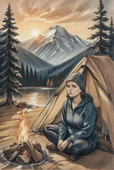 a beautiful young woman camping in the woods, She is wearing a fleece jacket and wool hat, She's sitting outside her tent, Small bonfire, Winter Season, relaxed vibe, Scenery sunset, colored pencil style, pencil drawing, sketch, 