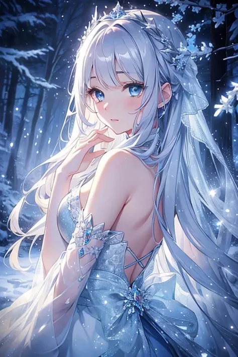 silver hair girl, beautiful detailed eyes, pale skin, flowing silver hair, elegant pose, fantasy setting, soft lighting, ethereal atmosphere, mesmerizing gaze, delicate features, porcelain-like complexion, long white hair cascading down her back, intricate...