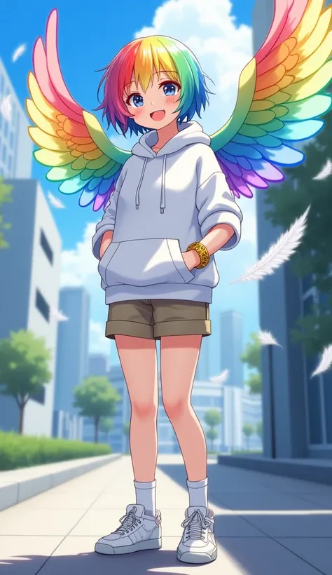  Masterpiece,  top quality,  high res,  very detailed,(((Pretty girl with rainbow hair))), ((( Japanese anime))), ((( short hair))), ((( white hoodie))), (((cute girl with pink hair in khaki shorts ))), ((( yellow misanga on one wrist ))), ((( white high s...