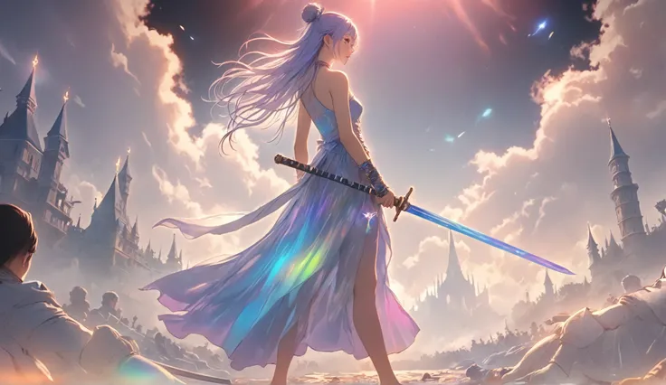 (   top quality ,4K,8k,    high image quality  ,   masterpiece  :1.2),  standing picture、 Side View 、 A girl with a long sword standing on the battlefield 、 the girl's hair shines brightly     、 The face is of the highest quality      ,  closed   , length,...