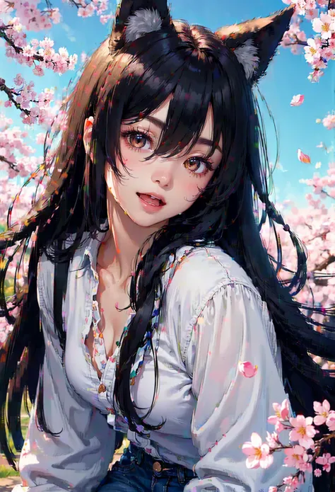 1girl, wolf tail, sky, cherry blossoms, petals, black hair, long hair, wolf ears, masterpiece, brown eyes, kitsune, hair over one eye, light smile, head tilt, close-up, portrait, open mouth, wearing jeans 