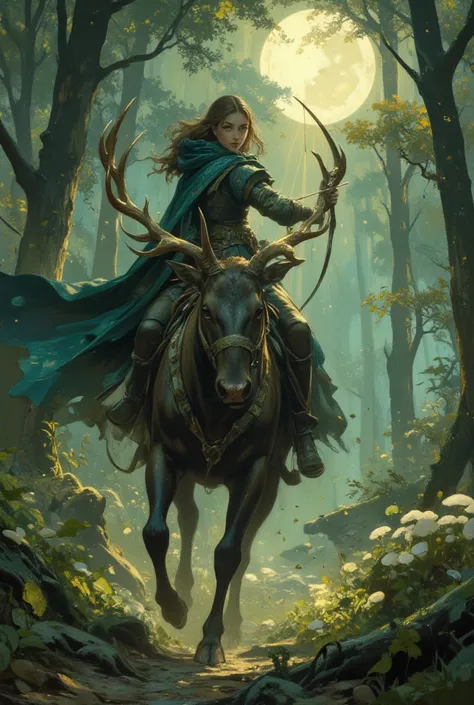 A stunning scene unfolds as a fierce archer rides atop a majestic stag galloping through a misty forest. The archer, a young woman with fiery determination in her eyes, show legs show abdomen show sholders, draws back her bow, the string taut with the prom...