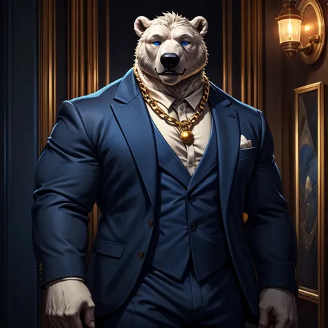  Koslov    (    tall and large polar bear with blue eyes),    bodyguard navy blue suit for men   , , mafia style  ,    black sweater, Golden chain ,    fully dressed    