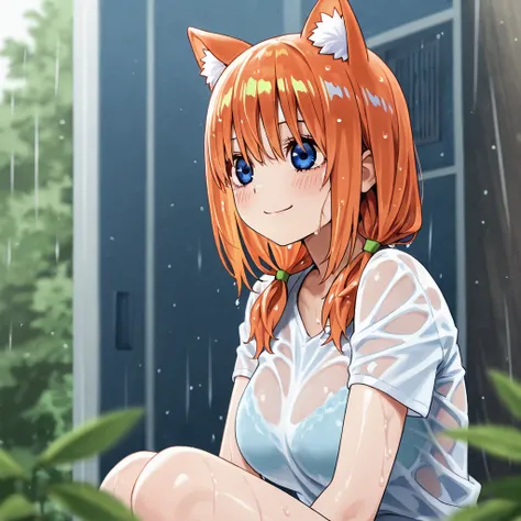  a girl, Alone,  long hair,  watching the spectator,  breasts, blush,  smile,  twin tails, wet hair,  orange hair,  Yotsuba Nakano, The Quintuplets, cat ears,  foreground, 