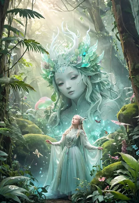  Create a dreamlike image of a giant with a serene face in a mysterious forest,  surrounded by luminescent plants and fantastic creatures . The atmosphere is ethereal , with soft mists and pastel colors that invite you to dream 