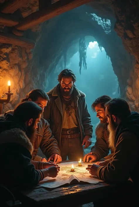 a man meeting with his 3 friends about their plan on going to the cave to fight the monster 