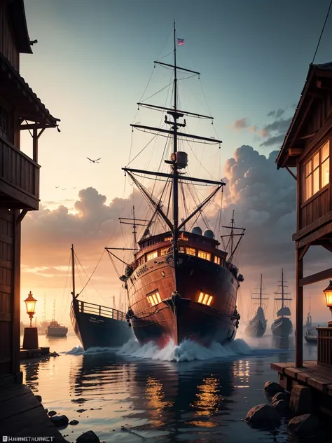 A colossal medieval carrack is docked in the heart of Hakoven, the lively port city within the world of Black Desert Online. Its towering masts stretch high into the sky, adorned with tattered banners swaying in the salty breeze. The ship's dark wooden hul...