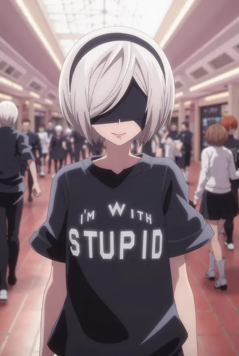 2b, yorha no. 2 type b, short hair, white hair, hairband, mole, black hairband, mole under mouth, blindfold, covered eyes, black blindfold, walking in a shopping mall, happy, wearing a large baggy t-shirt that says "I'm with stupid", i'm with stupid shirt