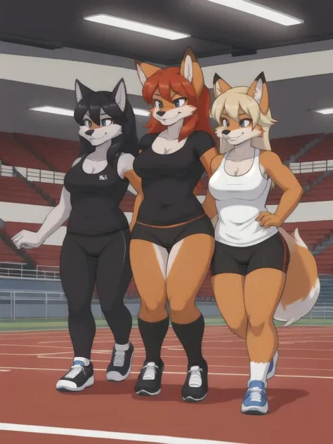 Furry, fox, wolf, girls, female, friends, trio, competition, black shirt, black spandex bike shorts, shoes, indoor running track, competition, full body