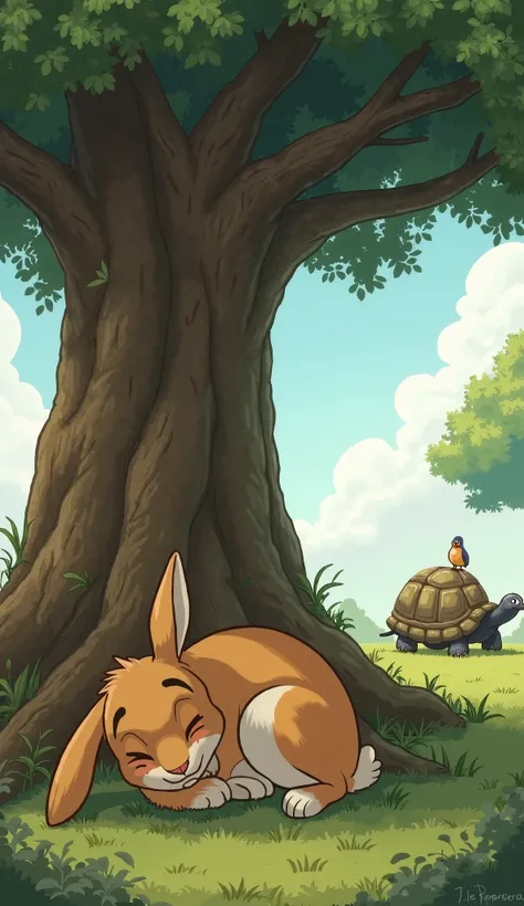 A large tree with thick branches, providing cool shade. The rabbit is curled up at the base, snoring, one ear flopped over his face. His expression is smug and relaxed. In the far background, the tortoise continues moving forward, slow but steady. Birds si...