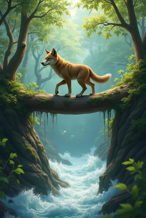  what is happening ?**  The little wolf walks carefree on a fallen trunk crossing a gorge. below,  a raging river flows quickly .  
- ** Main visual elements :**  Old and mossy trunk , Rough waters, curious face of the wolf , Leaves dancing in the wind.  
...