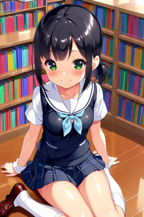 cute, girl, , 6th elementary school student, black hair, Bob-Half up-short ponytail, (Short), ((School uniform)), (Miniskirt), vest, white knee-high socks, medium bust, (((shiny skin))), blush, smile, (((Loli))), see-nipples, school library