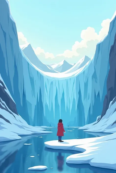 Simple 2D illustration of Lena stood at the edge of the melting ice, staring into the deep, silent blue of the last glacier. Her father used to tell her stories about how the glaciers once stretched for miles, how they fed rivers that ran through valleys t...