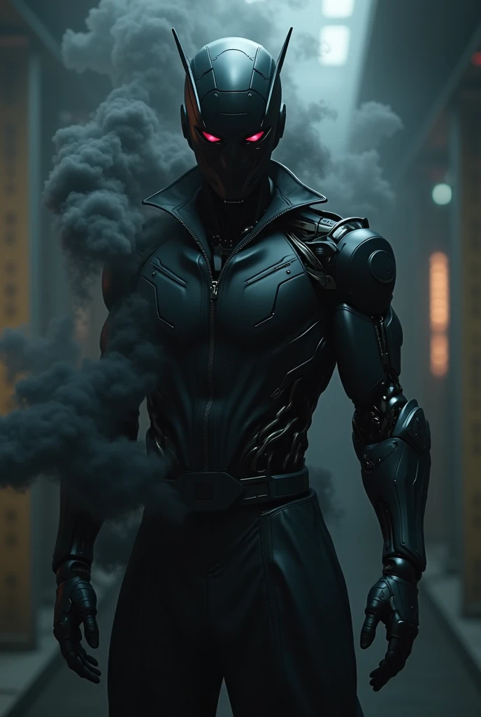 Create for me an image of a robot man dressed in cyberpunk clothing and black smoke coming out of him and his highlighted face posing for the scene