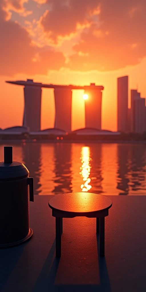  Visual Elements ： Main picture ： realistic sunset Marina Bay Sands Hotel outline as background（Place a small dark table in the front ）
Remark：The outline of the Marina Bay Sands Hotel takes up 70 of the background%，Small table 