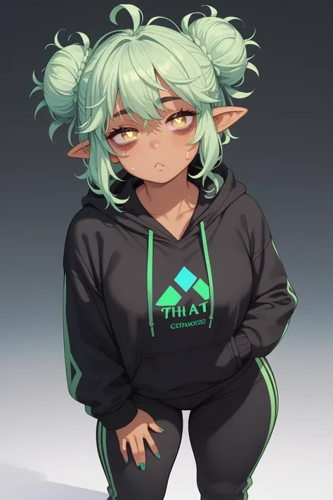 black hoodie, black sweatpants, rubbing eye, tan skin, pastel green hair, messy buns in hair, messy buns, messy hair, yellow eyes, bags under eyes, diamond-shaped pupils, pointy ears, curvy, medium sized chest, phat ass, thick thighs, green nails,