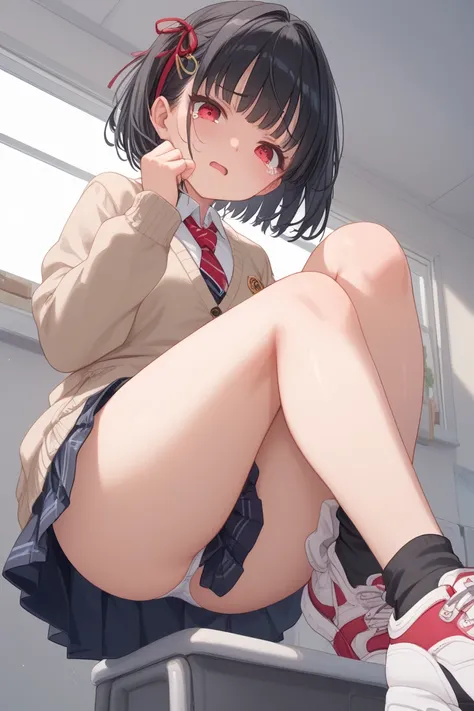  anime style, 1 schoolgirl as punishment,Big, round, red eyes , have small heads,Long legs,  My thighs and buttocks are firm , short cut black hair , full bangs with bangs cut horizontally and evenly above the eyes, gray pleated skirt that is below the hip...