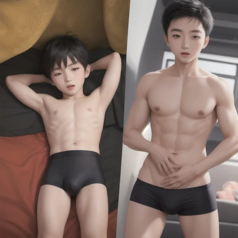 A Chinese boy aged 5 wears a pair of underpants in one crotch., as real