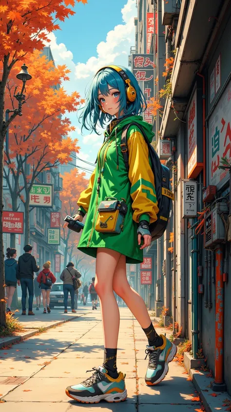 Japanese blue girl，high school，Wearing jogging shoes，Dress with vanguard ，Yellow and green，With headphones，autumn and afternoon sidewalk background，