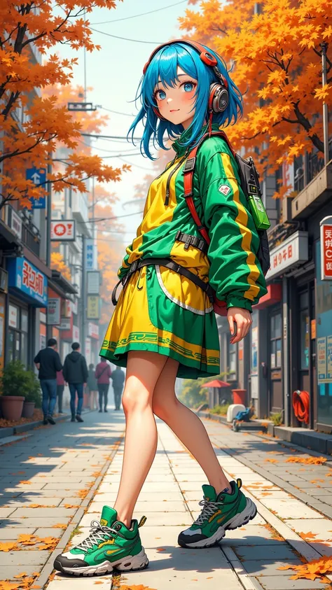 Japanese blue girl，high school，Wearing jogging shoes，Dress with vanguard ，Yellow and green，With headphones，autumn and afternoon sidewalk background，