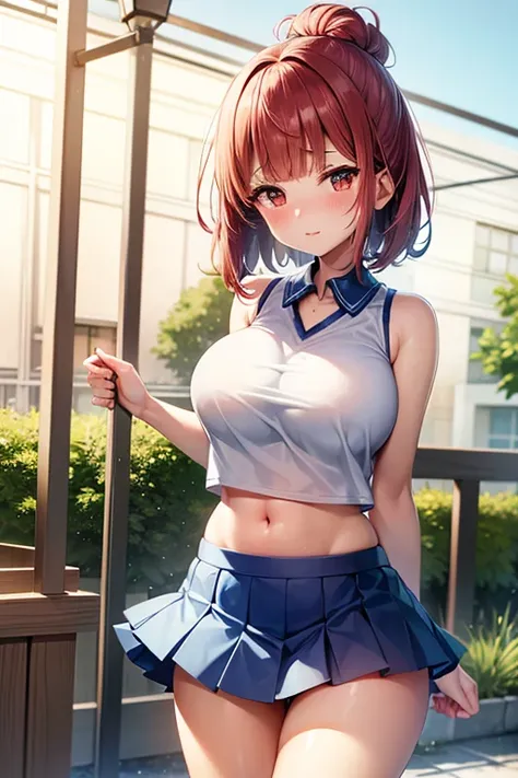 



 big breasts, blush,  Gold,  skirt is visible,Cheerleader in a light blue super mini skirt,Gal high school girl ,The transparent white top is sleeveless,My underwear is sticking out, low angle,A winning face,I'm ashamed,Bob Hair,  big breasts,  red fac...