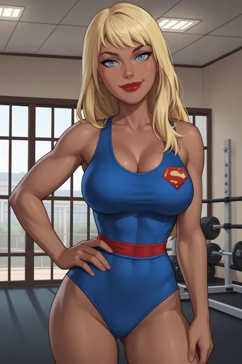 PonyXLV6_Scores BREAK ((parody), perfect anatomy, perfect eyes, cowboy shot) BREAK kara zor-el, long hair, blonde hair, blue eyes, dark-skinned female, lipstick, red lips,  ((looking at viewer)), superhero, blue wrestling singlet,  large breasts, curvy, to...