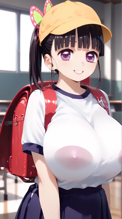 (UHD, retina, masterpiece, accurate, anatomically correct, super detail, high details,       highres, 1080P, 16k:1.3)、 (Tsuyuri Kanao:1.3)、 side　Ponyterre、dark hair、purple eyes、(very gigantic breasts:1.3)、(Shiny skin:1.3)、(Toothy grin:1.3)、(school、Classroo...